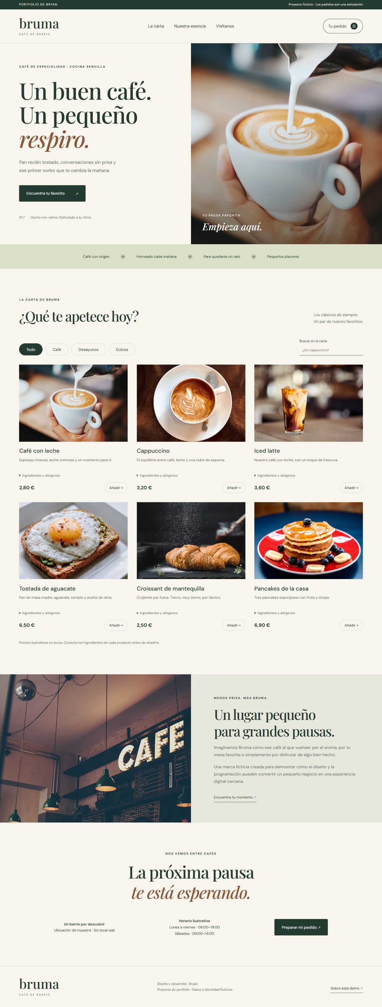 Web de Bruma Café: portada con café y carta digital